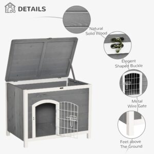 PawHut Foldable Wooden Dog House Raised Puppy Cage Kennel Cat Shelter for Indoor & Outdoor w/Lockable Door Openable Roof Removable Bottom for Small and Medium Pets Grey