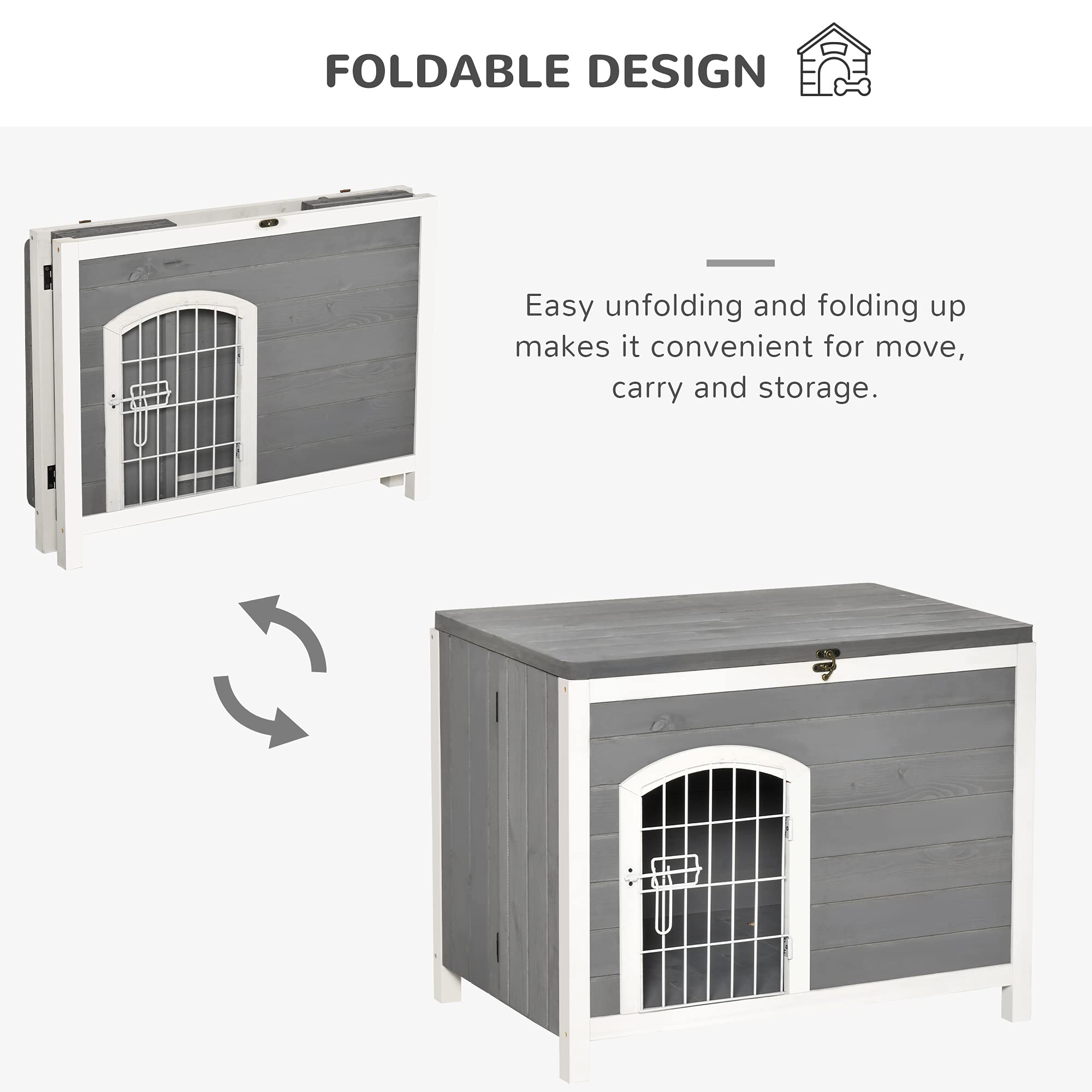 PawHut Foldable Wooden Dog House Raised Puppy Cage Kennel Cat Shelter for Indoor & Outdoor w/Lockable Door Openable Roof Removable Bottom for Small and Medium Pets Grey