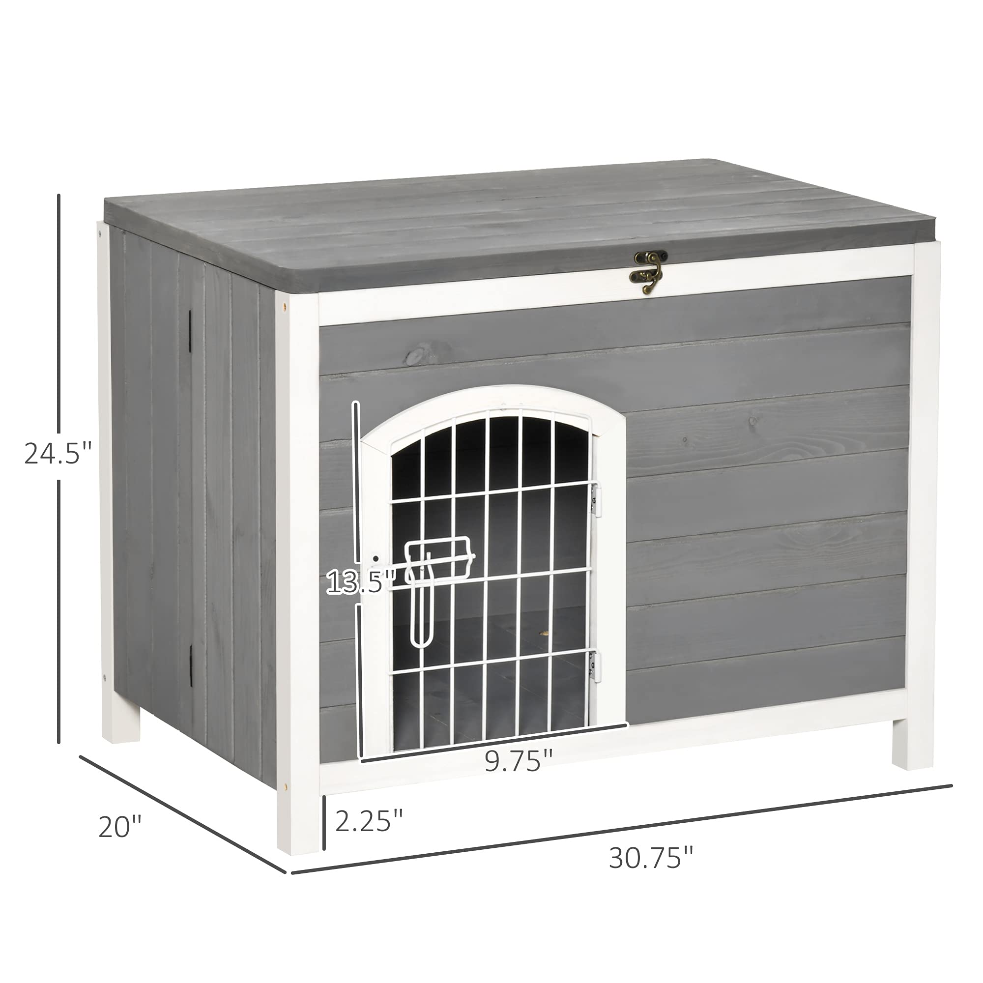 PawHut Foldable Wooden Dog House Raised Puppy Cage Kennel Cat Shelter for Indoor & Outdoor w/Lockable Door Openable Roof Removable Bottom for Small and Medium Pets Grey