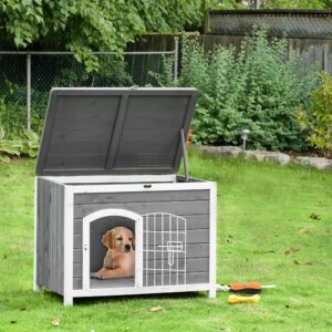 PawHut Foldable Wooden Dog House Raised Puppy Cage Kennel Cat Shelter for Indoor & Outdoor w/Lockable Door Openable Roof Removable Bottom for Small and Medium Pets Grey