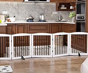 PUPETPO Freestanding Pet Gate for Dogs, Foldable Wooden Dog Gate for House, Extra Wide Dog gate, Indoor Dog Gate for Stair, Doorway, Hall, Support Feet Included, 120 Inch Wide, 6 Panels 24", White