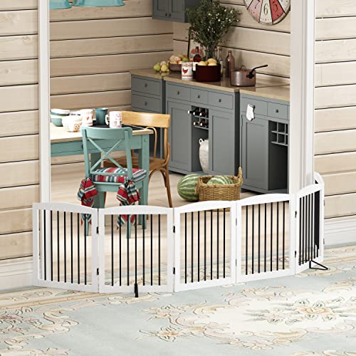 PUPETPO Freestanding Pet Gate for Dogs, Foldable Wooden Dog Gate for House, Extra Wide Dog gate, Indoor Dog Gate for Stair, Doorway, Hall, Support Feet Included, 120 Inch Wide, 6 Panels 24", White