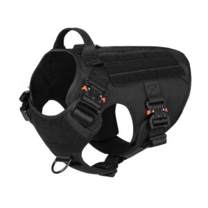 icefang tactical dog harness with 4x metal buckle,dog molle vest with handle,no pulling front clip,hook and loop panel for dog custom patch (l (28"-35" girth), black)