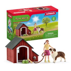 schleich farm world, animal toys for girls and boys ages 3-8, 5-piece playset, dog kennel, red