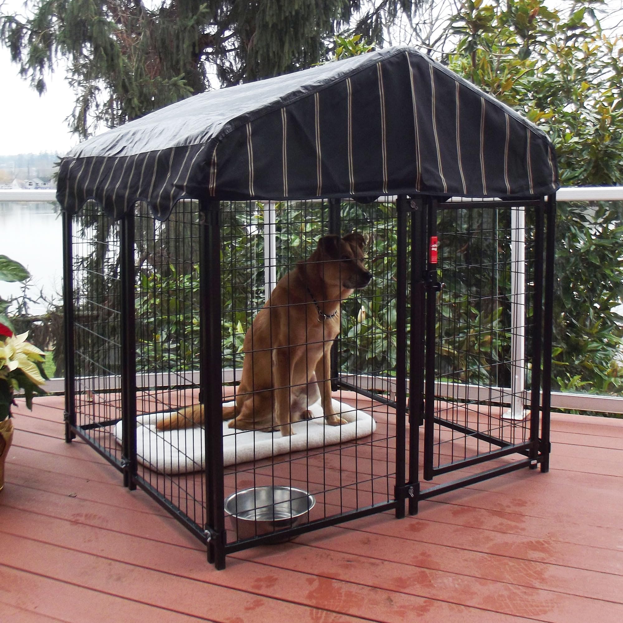 Lucky Dog 4 Feet Uptown Welded Steel Wire Mesh Secure Outdoor Dog Kennel Playpen Crate with Waterproof Cover and Lockable Gate, Black