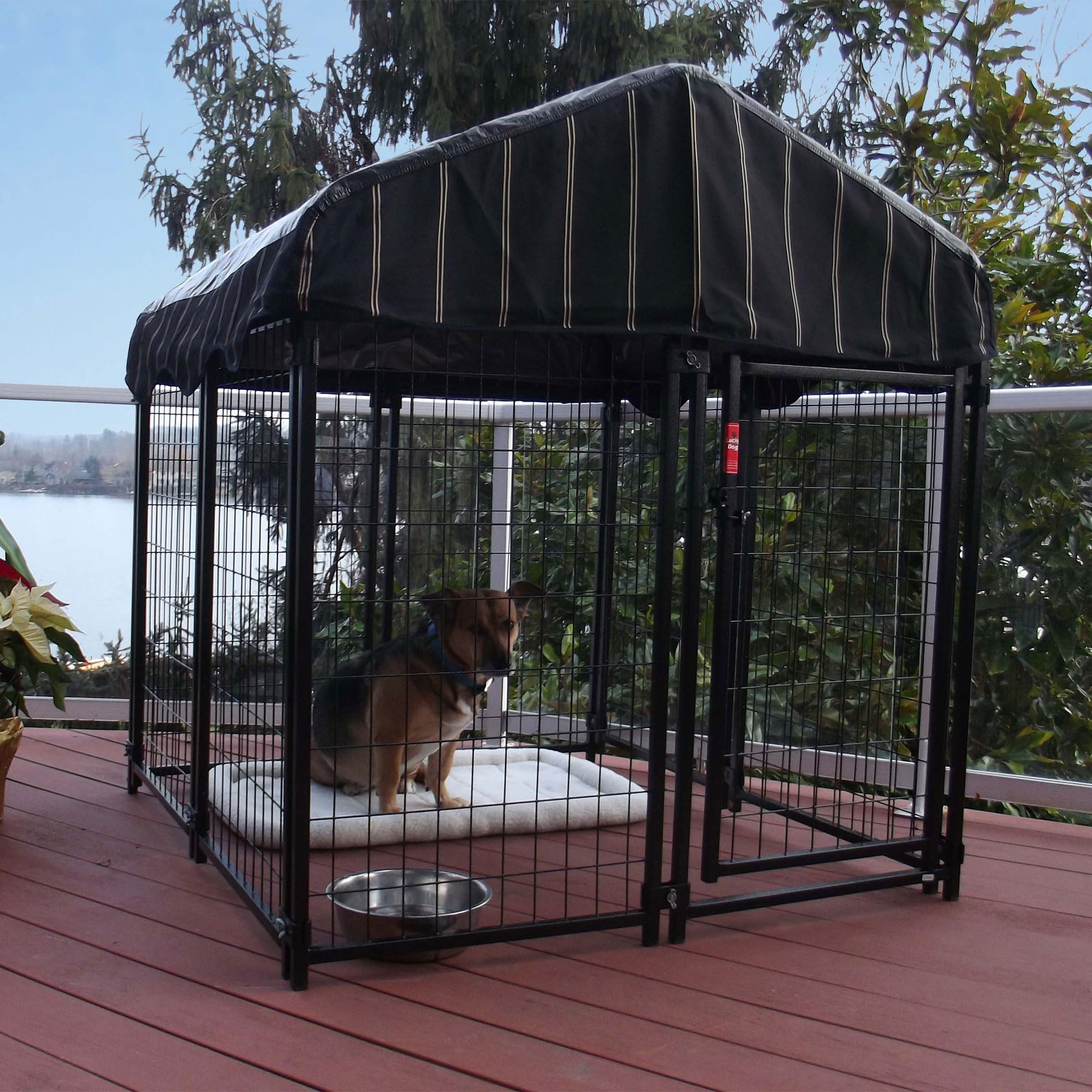 Lucky Dog 4 Feet Uptown Welded Steel Wire Mesh Secure Outdoor Dog Kennel Playpen Crate with Waterproof Cover and Lockable Gate, Black