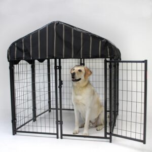 Lucky Dog 4 Feet Uptown Welded Steel Wire Mesh Secure Outdoor Dog Kennel Playpen Crate with Waterproof Cover and Lockable Gate, Black