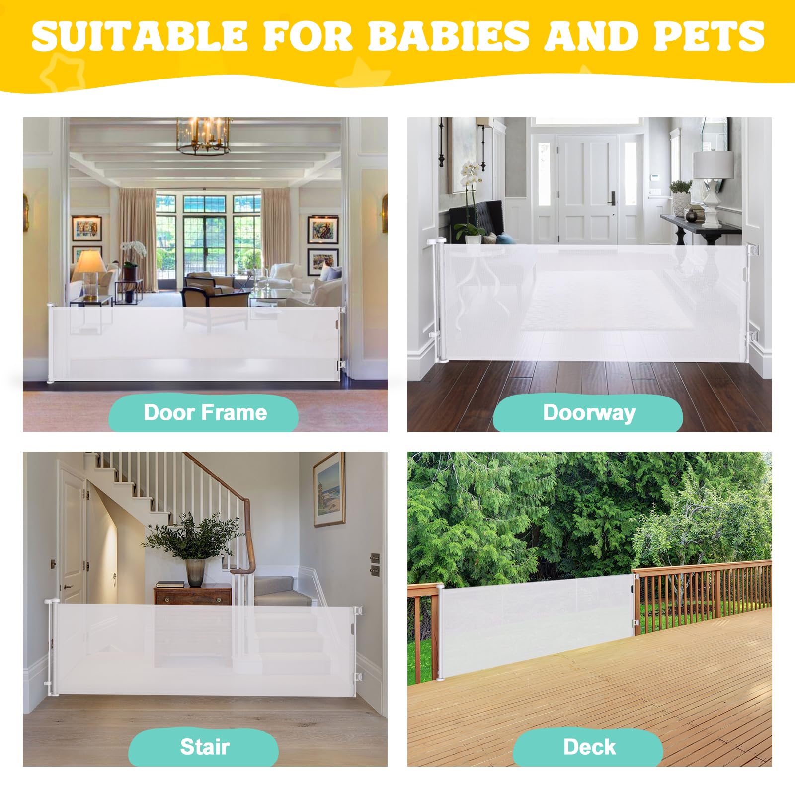 150 Inches Extra Wide Retractable Baby Gates, Baby Gates for Large Openings, Stairs, Hallways and Doorways, Dog Gates for The House Extra Large, Pet Gates for Dogs, Indoor/Outdoor Use, White