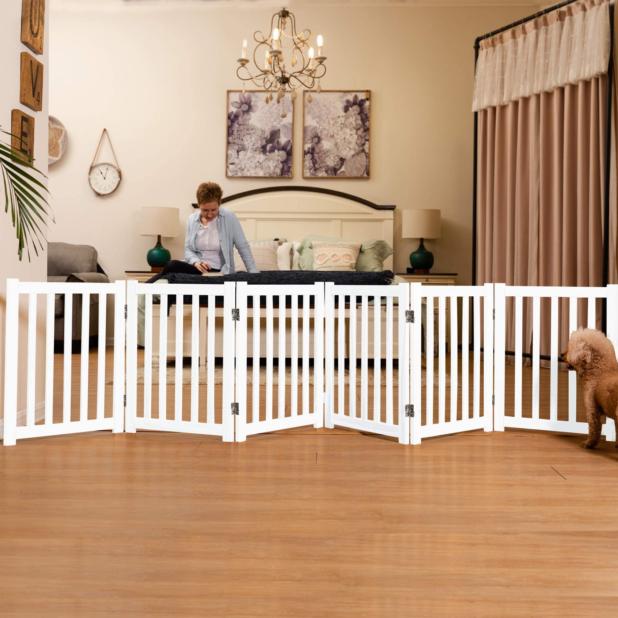 LZRS Solid HardWood Freestanding Pet Gate,Wooden Dog Gates for Doorways,Nature wood Dog Gates for The House,Dog Gate for Stairs,Freestanding Indoor Gate Safety Fence,White,24" Height-6 Panels