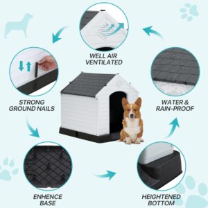 Chew Proof Dog House with Metal Iron Frame Outdoor Dog Kennel for Small Medium Large Indoor Dog Cage with Air Vents and Raised Floor (Grey, 27''L*25''W*28''H)