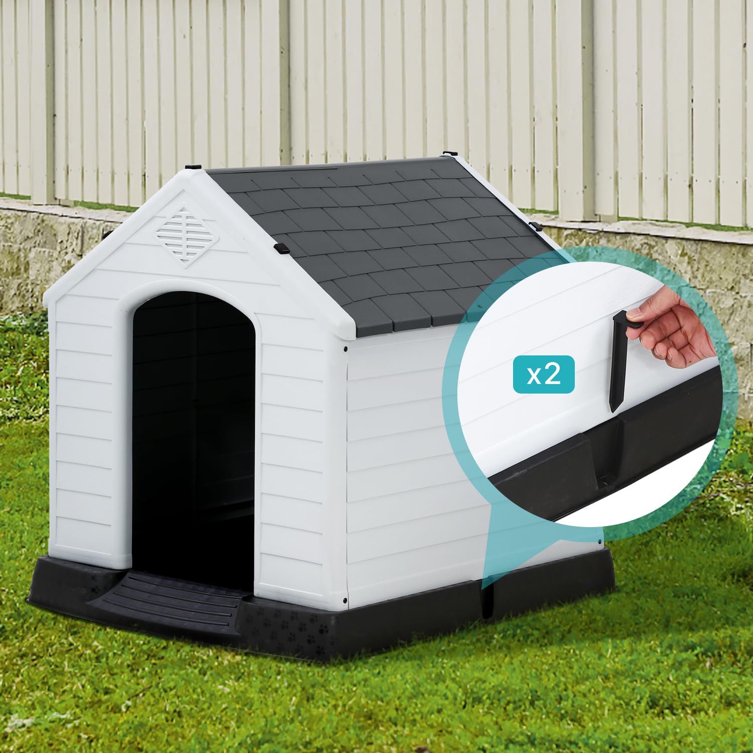 Chew Proof Dog House with Metal Iron Frame Outdoor Dog Kennel for Small Medium Large Indoor Dog Cage with Air Vents and Raised Floor (Grey, 27''L*25''W*28''H)