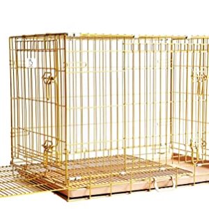 HOMEY PET Gold Dog Crate 36 Inch, Portable Folding Metal Wire Dog Kennel Pet Dog Cage with Removable Floor Grid, Pull Out Leak-Proof Pan, Double Doors, Handle for Medium Dogs, Indoor Outdoor Travel