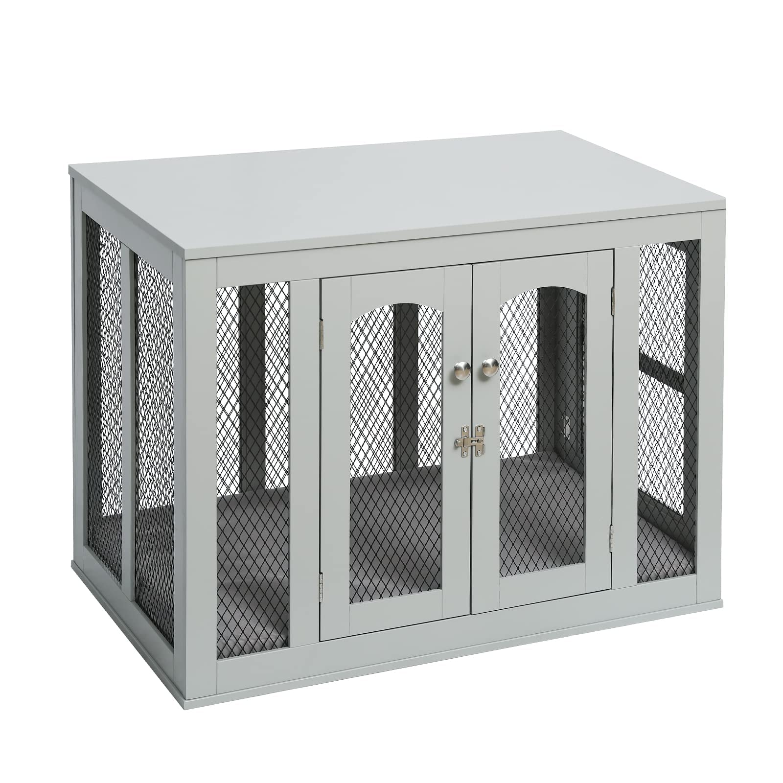 IDEE Furniture Style Dog House Dog Crate with Double Doors, Cushion and Tray, Wooden End Table Indoor Pet Bed for Large Dogs (Large, Gray)