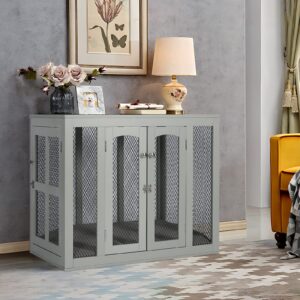 IDEE Furniture Style Dog House Dog Crate with Double Doors, Cushion and Tray, Wooden End Table Indoor Pet Bed for Large Dogs (Large, Gray)