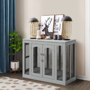 IDEE Furniture Style Dog House Dog Crate with Double Doors, Cushion and Tray, Wooden End Table Indoor Pet Bed for Large Dogs (Large, Gray)