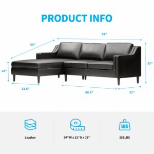 Mjkone Top Grain Leather Sectional Sofa couch, Luxurious Upholstered Couches with Left Facing Chaise, Modular Lounge ＆ 2-Seater Couch Set for Living Room Apartment Office (Truffle)