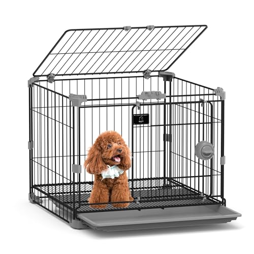 FLARUZIY Dog Crate for Small Dogs Under 25lbs,24 inch Black Thick Metal Dog Kennel Indoor Wire Cage with Double Door and Removable Tray for Pets,Puppy