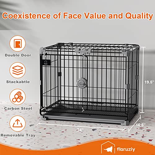 FLARUZIY Dog Crate for Small Dogs Under 25lbs,24 inch Black Thick Metal Dog Kennel Indoor Wire Cage with Double Door and Removable Tray for Pets,Puppy