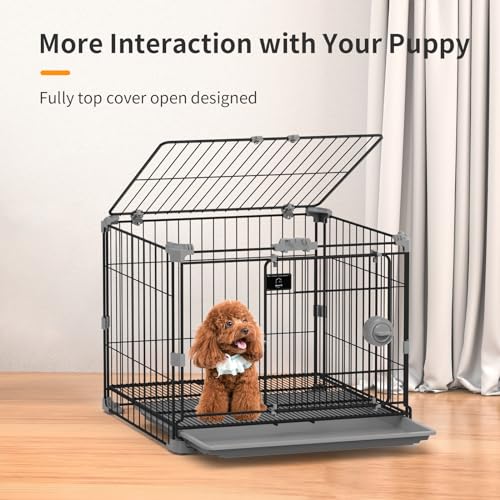 FLARUZIY Dog Crate for Small Dogs Under 25lbs,24 inch Black Thick Metal Dog Kennel Indoor Wire Cage with Double Door and Removable Tray for Pets,Puppy