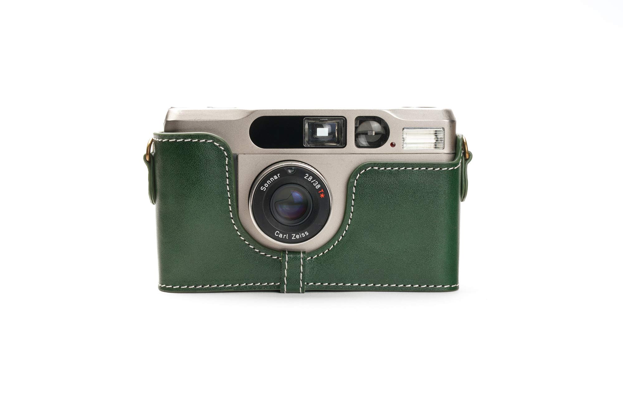 Contax T2 Case, BolinUS Handmade Genuine Real Leather Half Camera Case Bag Cover for Contax T2 Camera With Hand Strap (Green)