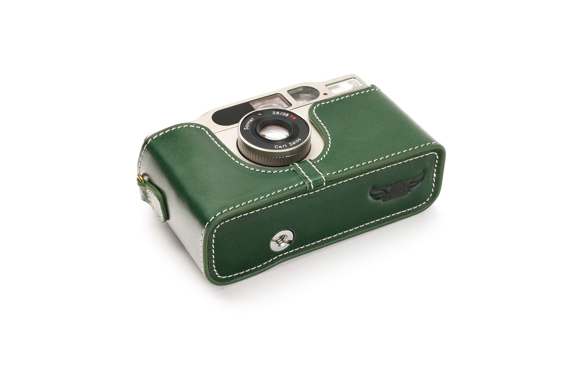 Contax T2 Case, BolinUS Handmade Genuine Real Leather Half Camera Case Bag Cover for Contax T2 Camera With Hand Strap (Green)