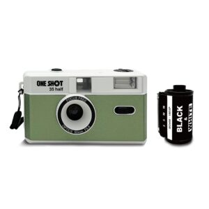 1 shot point and shoot 35mm film camera reusable retro half frame camera, built in flash, included one roll asa/iso 400 black & white film 18 exp., (36 shots) battery not included (green color)