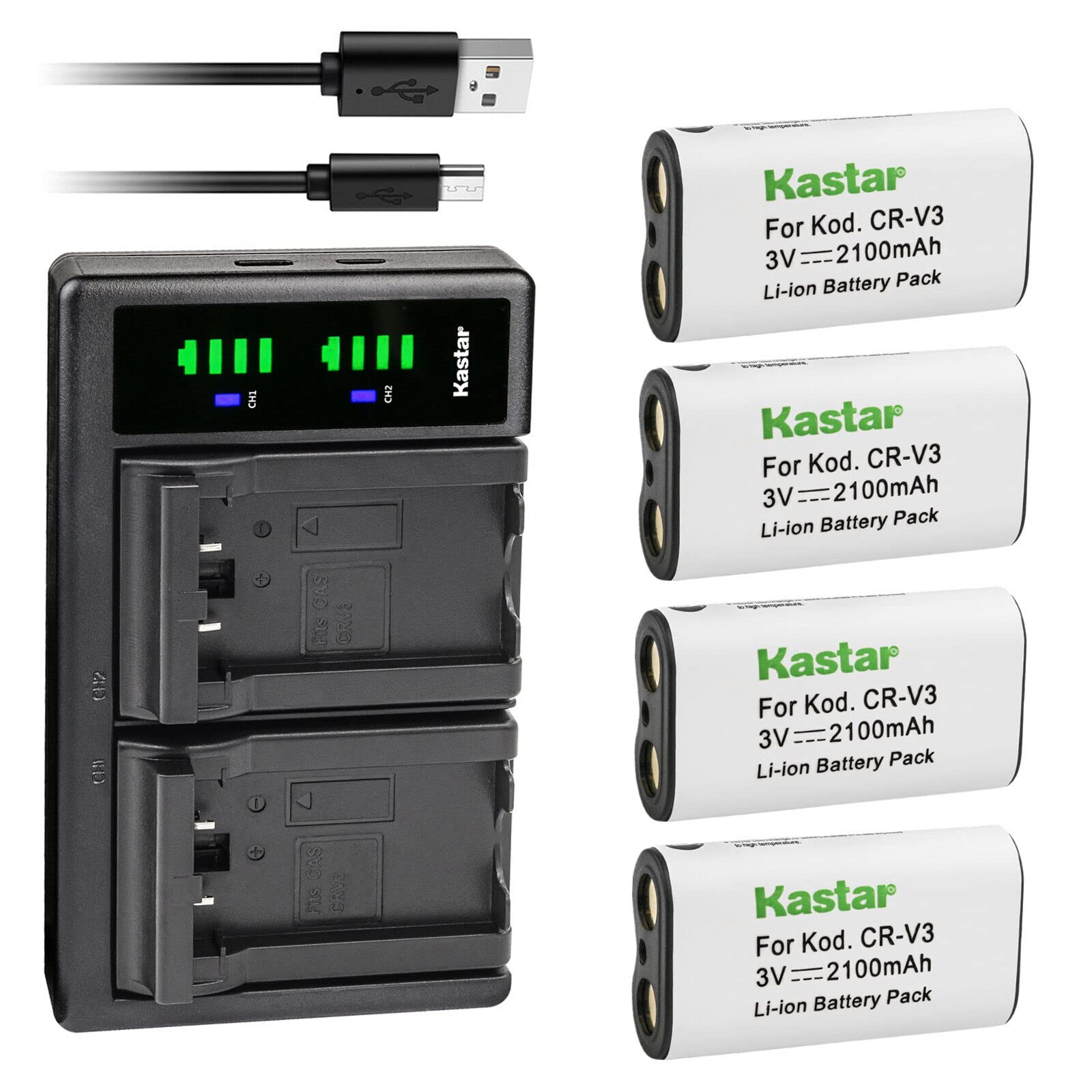 Kastar 4-Pack CR-V3 Battery and LTD2 USB Charger Replacement for Toshiba PDR-M21, PDR-M25, PDR-M60, PDR-M61, PDR-M65, PDR-M71, PDR-M81, Contax Contax Aria Digital Camera