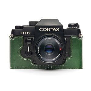 Contax RTS Case, BolinUS Handmade Genuine Real Leather Half Camera Case Bag Cover for Contax RTS/RTS II RTS2 Camera with Hand Strap (Green)