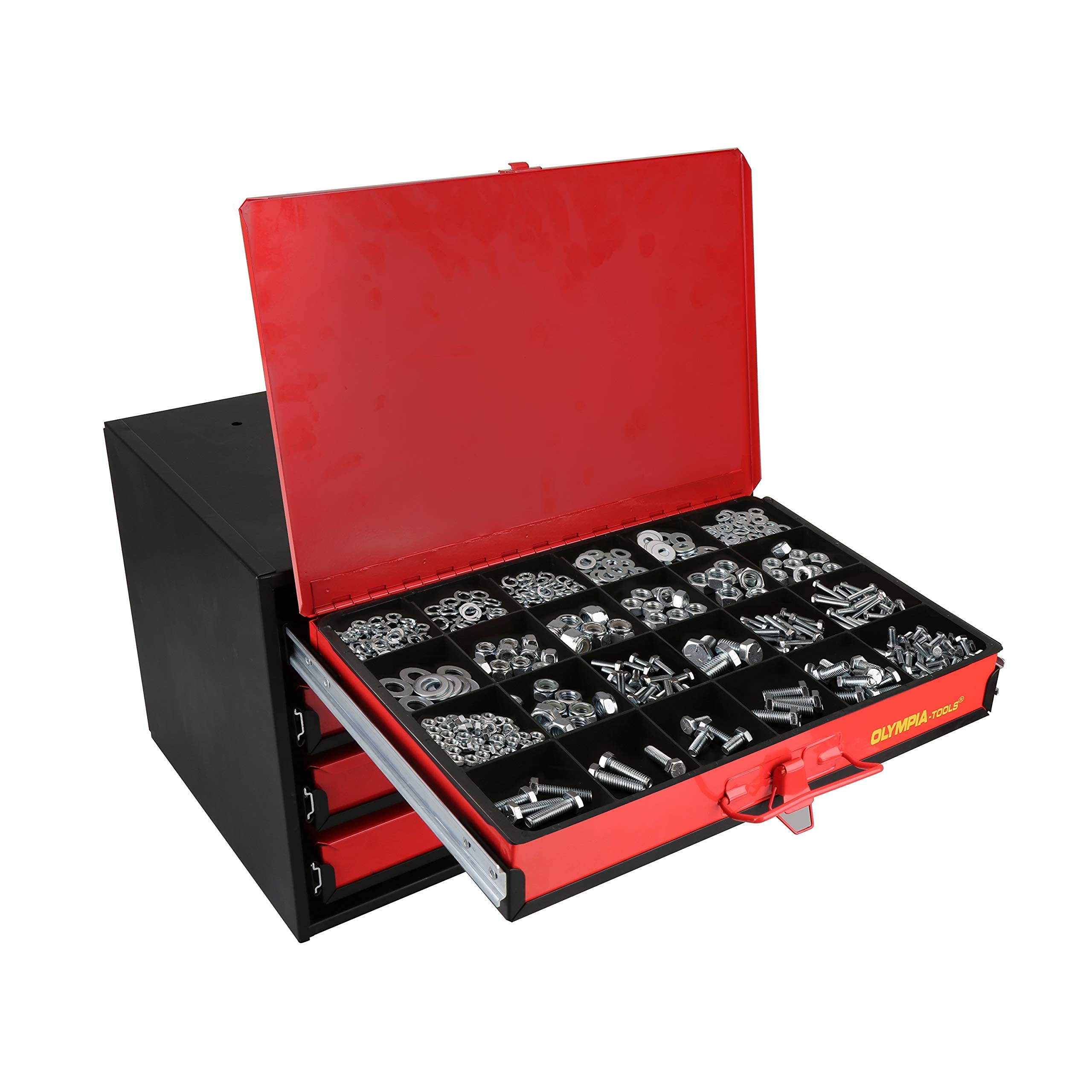 Olympia Tools 90-806 4-Drawer Hardware Organizer includes 2500-pieces Small Hardware, black/red