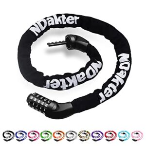 ndakter bike chain lock, 5 digit combination heavy duty anti theft bicycle chain lock, 3.2/4.27 feet long security resettable bike locks for bike, bicycle, scooter, motorcycle, door, gate, fence