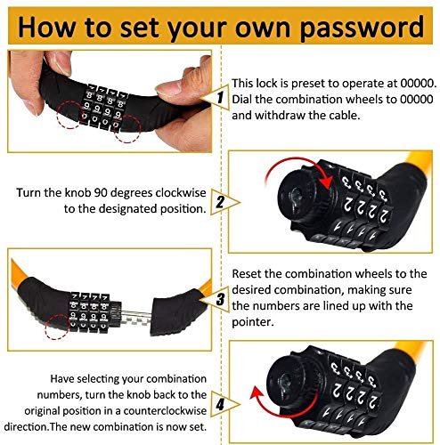 Sanwo Security Bike Lock 4 Digit Resettable Combination Cable Lock for Bicycle, 2 Feet x 1/2 Inch (Orange)