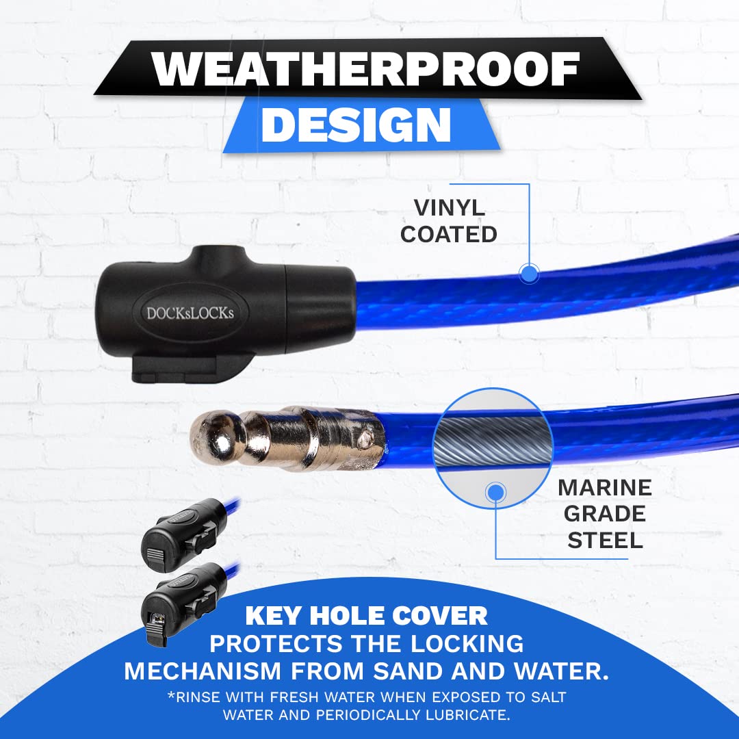 DocksLocks Weatherproof Security Cable Lock with Keys (5ft to 25ft Lengths) Anti-Theft for Kayak, Bike, Paddleboard, Scooter, Equipment, Bicycle 5ft