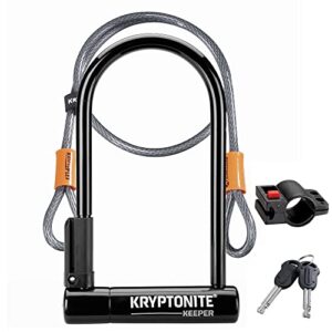 kryptonite keeper bike u-lock standard with braided steel cable, heavy duty anti-theft bicycle u lock, 12mm shackle and 10mm x4ft length security cable with mounting bracket and keys,black