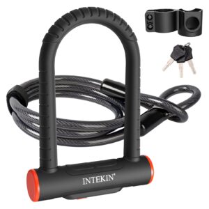 INTEKIN Bike U Lock Heavy Duty Lock , 16mm U Lock and 5ft Length Security Cable with Sturdy Mounting Bracket for Motorcycle and More, Black, Small