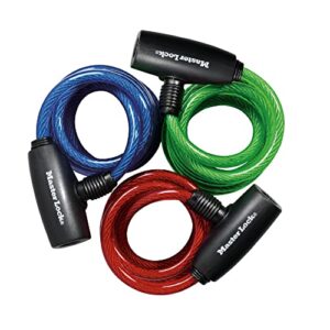 master lock bike lock cables with key, blue, green, and red 3-pack of keyed-alike bicycle cable locks, 6 ft. long, 8127tri