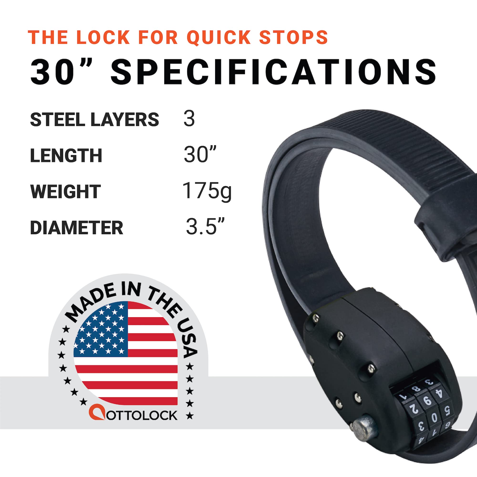 OTTOLOCK Combination Bike Lock | Lightweight, Compact & Easy to Use | Theft Deterrent for Quick Stops | Cycling & E-Mobility (Stealth Black, 30 Inch)