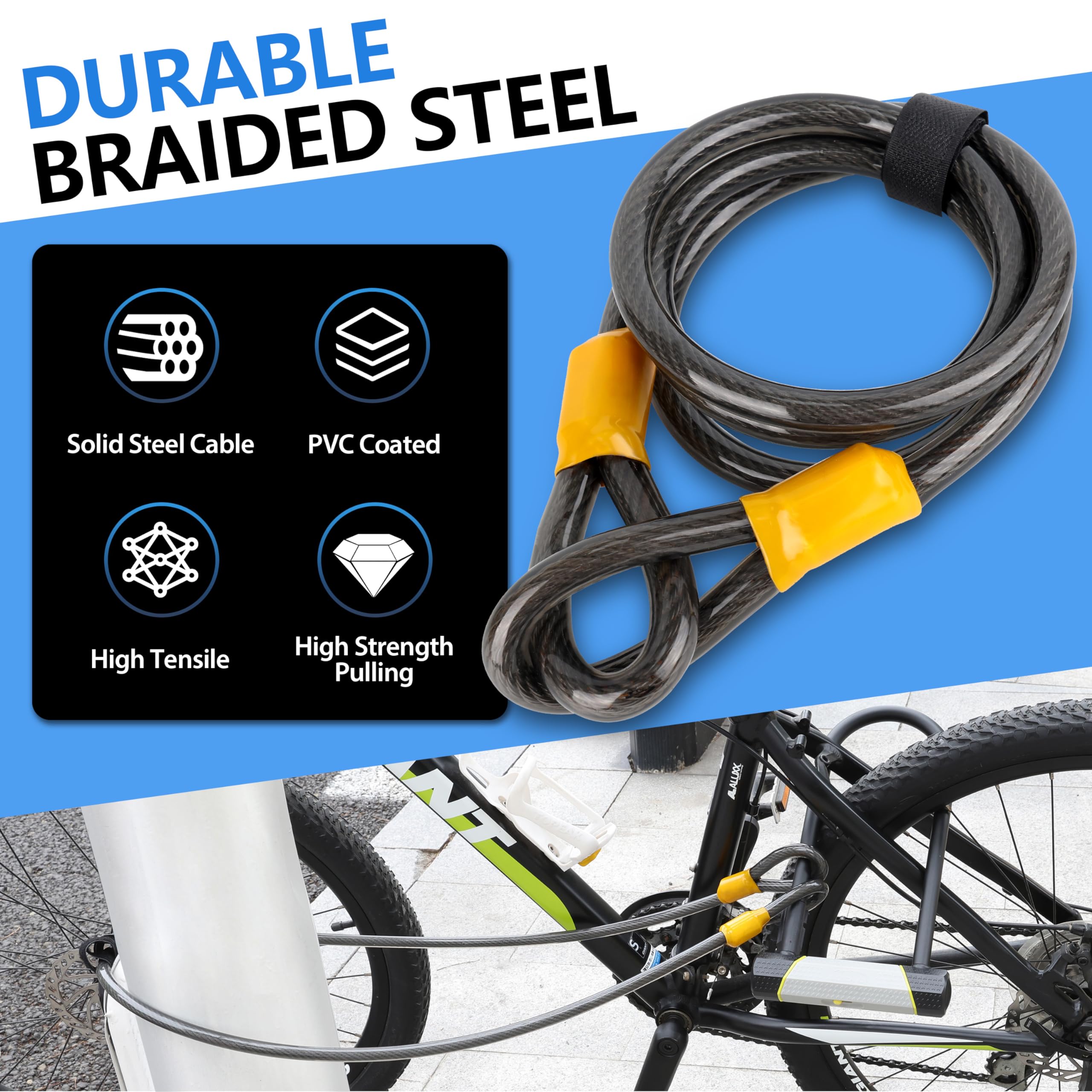 SUNYA Bike Lock Heavy Duty Anti Theft, Bicycle Lock with 3 Keys High Security, Bike U Lock 180x320mm + 4.9 Foot Cable. Fit for Road Mountain Folding Scooter Motor Bike