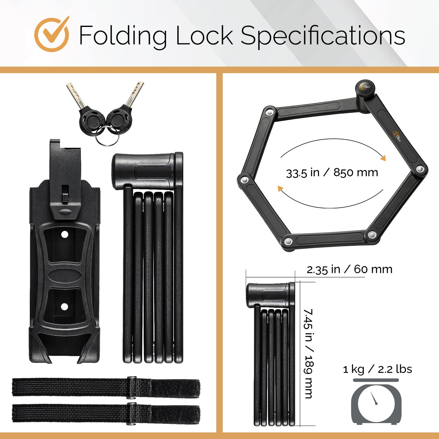 Via Velo 2 Electric Bike Bike Lock Set | Same Key System 4 Keyed Alike keys, Heavy-Duty Hard Steel | 33.5" Folding Lock | 11" Bicycle ULock | 6' Cable | for Electric Bike Fat Tire Scooter Folding Bike