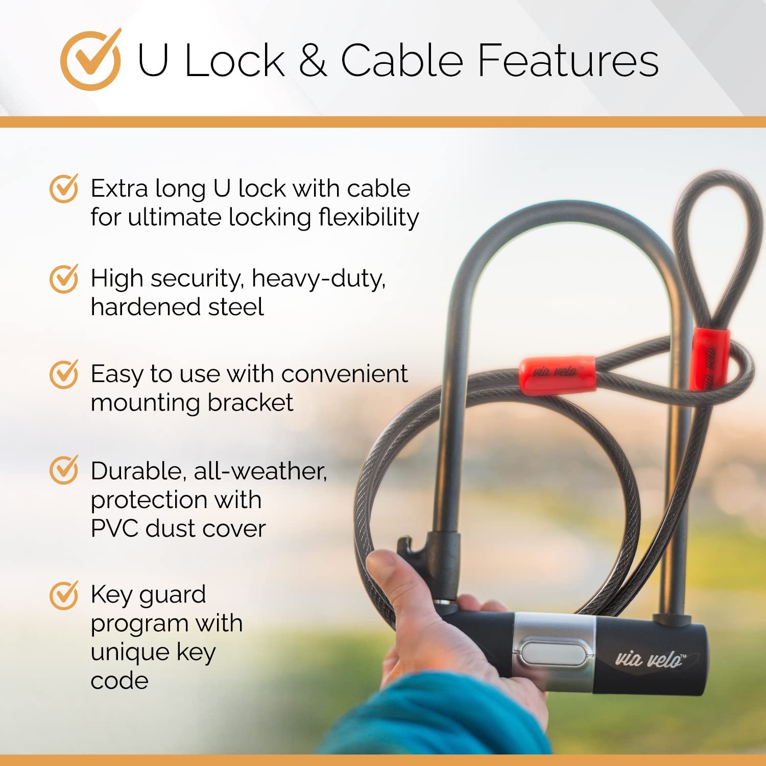 Via Velo 4-in-1 Bike Lock Set, Heavy-Duty Steel Folding Lock, 11" Bicycle U-Lock, 6' Cable, for Electric Bikes and Scooters