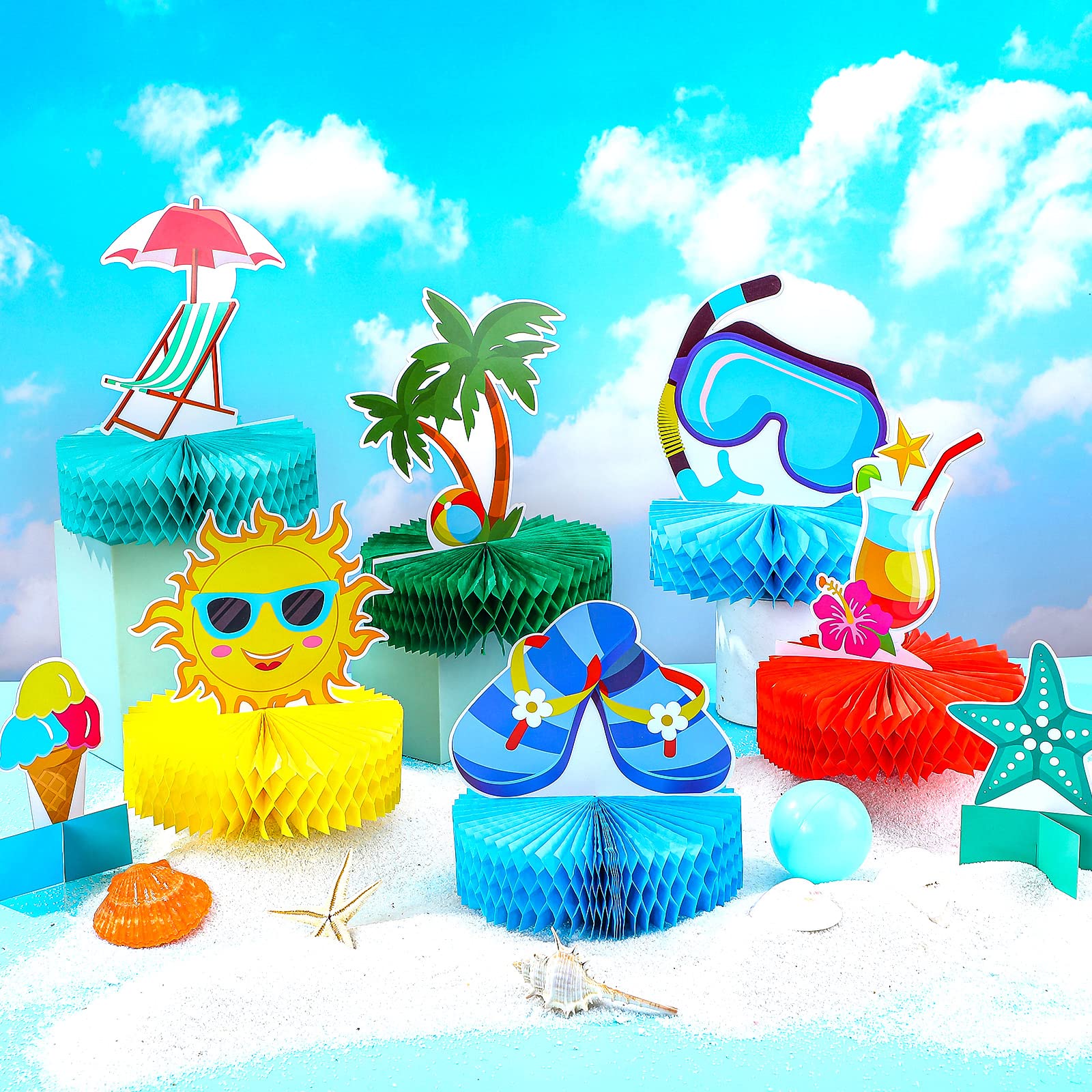 12 Pieces Beach Honeycomb Centerpieces Pool Party Cake Balls Table Toppers Beach Party Supplies Pool Party Decorations for Beach Birthday Party Favors