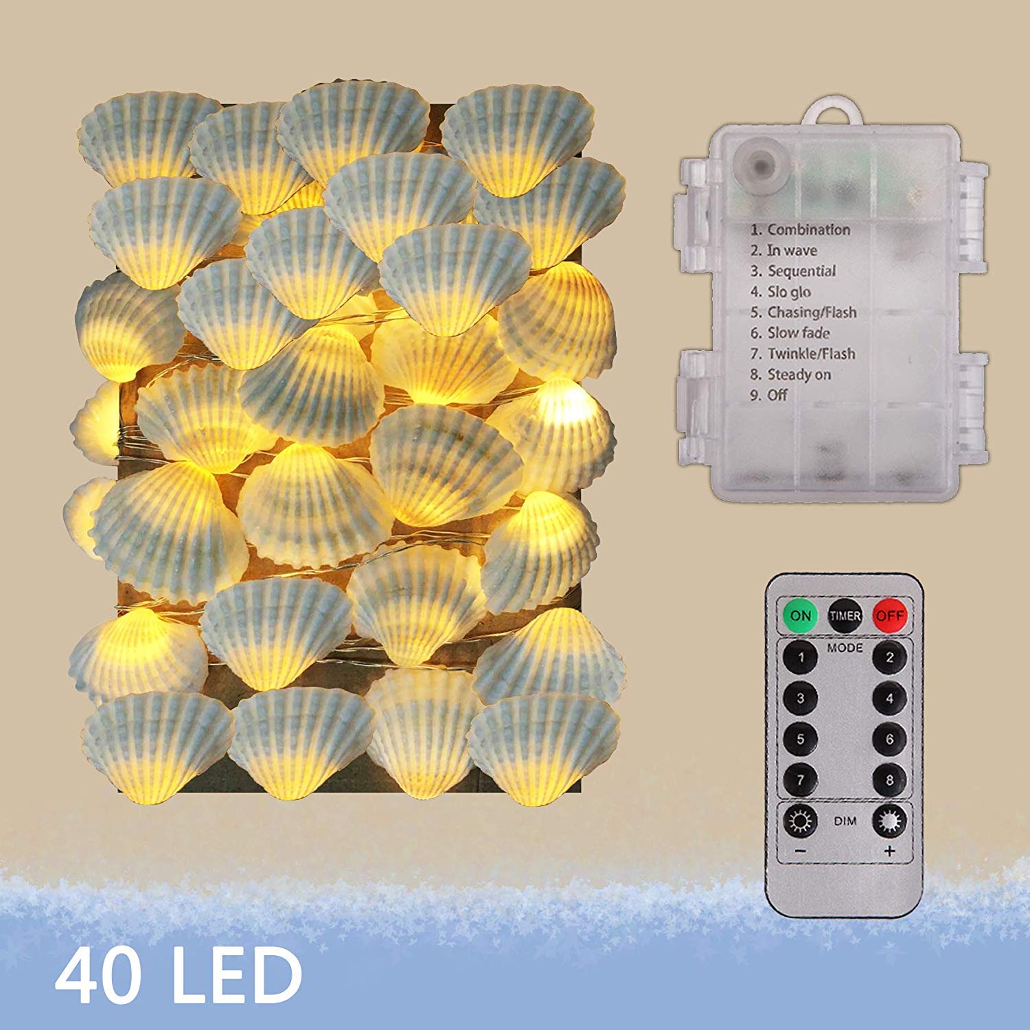 HDNICEZM Beach Seashell Decorative String Lights 14.1Ft 40 Warm White LED Waterproof Battery Operated Ocean String Lights for Bedroom Wedding Holiday Party Garden Indoor Outdoor Decorations