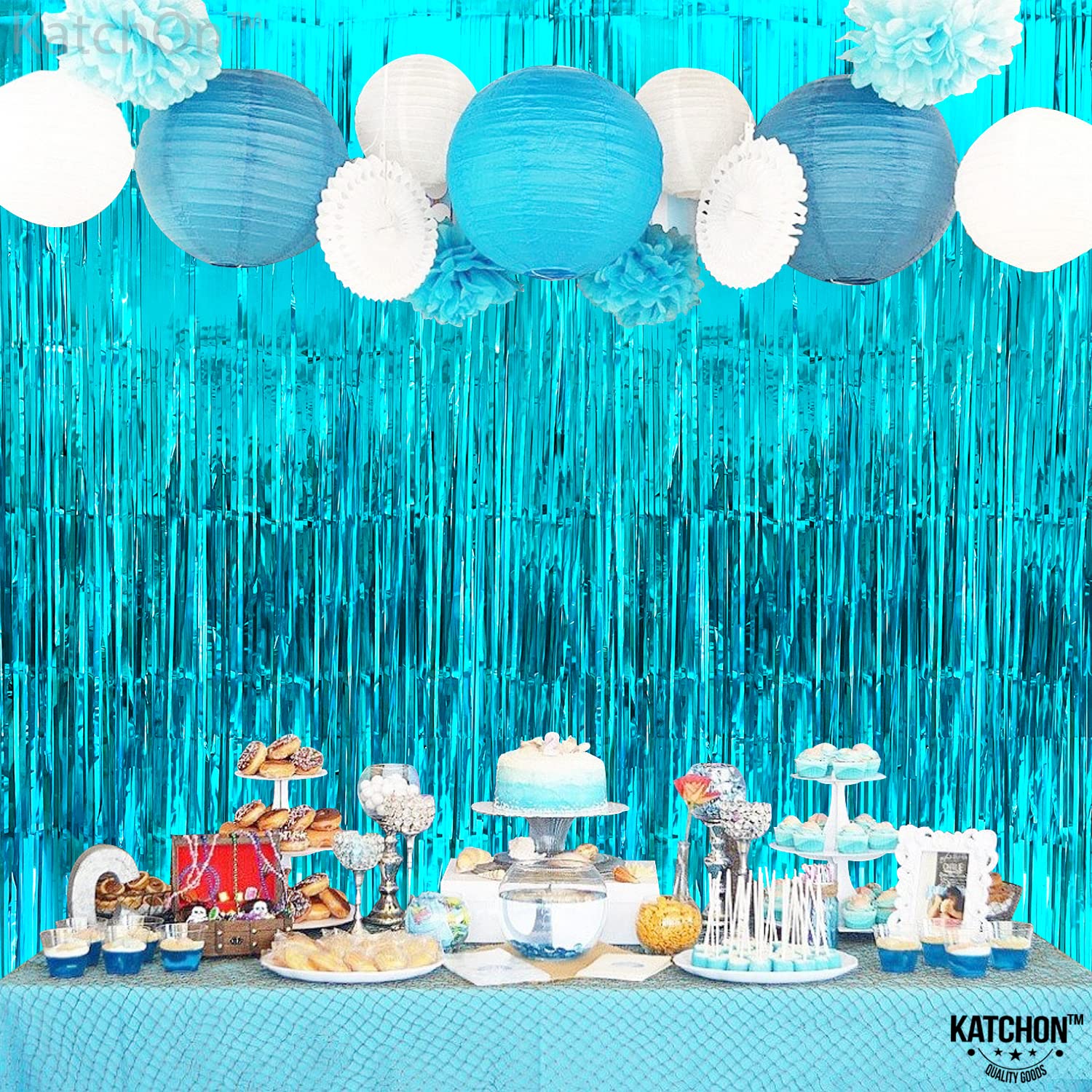 KatchOn, XtraLarge Blue Foil Fringe Curtain - 3.2x8 Feet, Pack of 2 | Blue Water Streamer Backdrop for Beach Party Decorations | Under The Sea Party Decorations | Blue Summer Decorations for Party