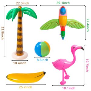 R HORSE 10 Pcs Inflatable Palm Tree Flamingo Banana Beach Ball Parrot Beach Pool Toys for Tropical Hawaiian Luau Summer Party Decorations