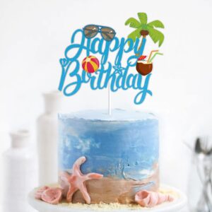 Summer Beach Coconut Happy Birthday Cake Topper Blue Glitter Summer Pool Swimming Surfing Party Decoration Summer Holiday Birthday Party Favor Supplies