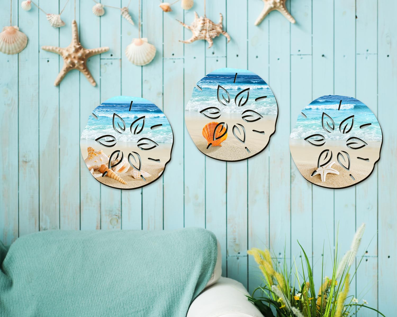 3 Pieces Sand Dollar Wall Decor Wood Outdoor Coastal Wall Art Ocean Beach Wall Decor Starfish Seashell Sand Dollar Beach Signs Hanging Wooden Nautical Bathroom Decor for Home Bathroom Sea Decorations