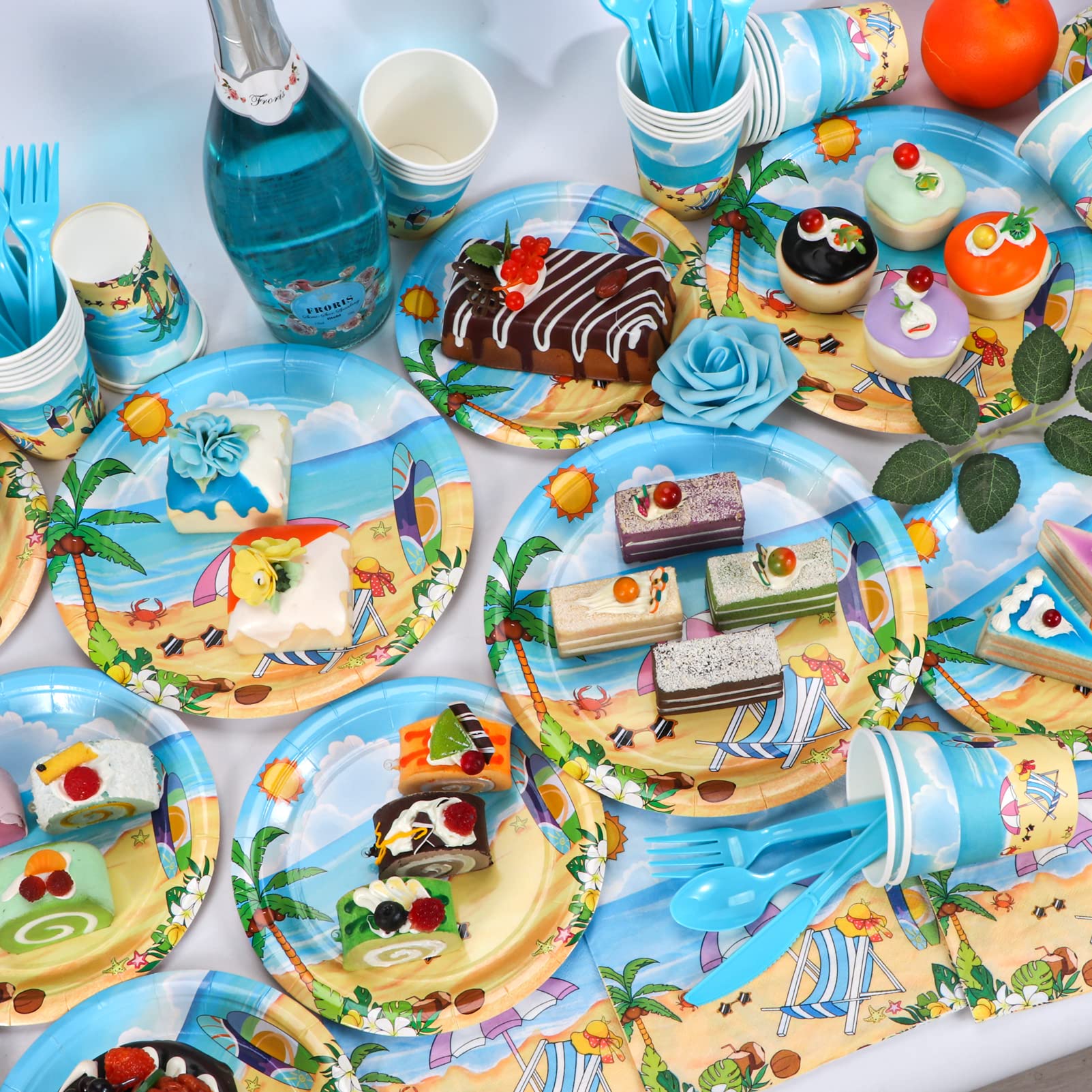 Atonofun Beach Party Supplies, Beach Plates and Napkins Set, Disposable Beach Plates, Cups, Napkins and Cutlery for Birthday, Pool, Summer Party, Baby Shower, Beach Themed Party Decorations Serves 24