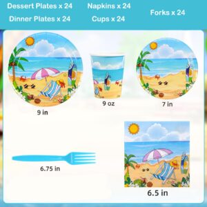 Atonofun Beach Party Supplies, Beach Plates and Napkins Set, Disposable Beach Plates, Cups, Napkins and Cutlery for Birthday, Pool, Summer Party, Baby Shower, Beach Themed Party Decorations Serves 24