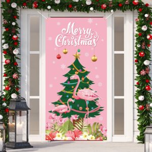 Pink Flamingo Christmas Door Cover Hawaiian Tropical Christmas Photo Backdrop Hawaii Beach Christmas Xmas Winter Holiday Decorations and Supplies for Home Party