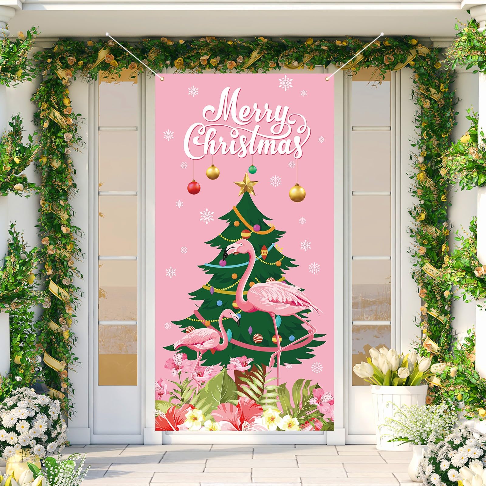 Pink Flamingo Christmas Door Cover Hawaiian Tropical Christmas Photo Backdrop Hawaii Beach Christmas Xmas Winter Holiday Decorations and Supplies for Home Party