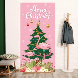 Pink Flamingo Christmas Door Cover Hawaiian Tropical Christmas Photo Backdrop Hawaii Beach Christmas Xmas Winter Holiday Decorations and Supplies for Home Party